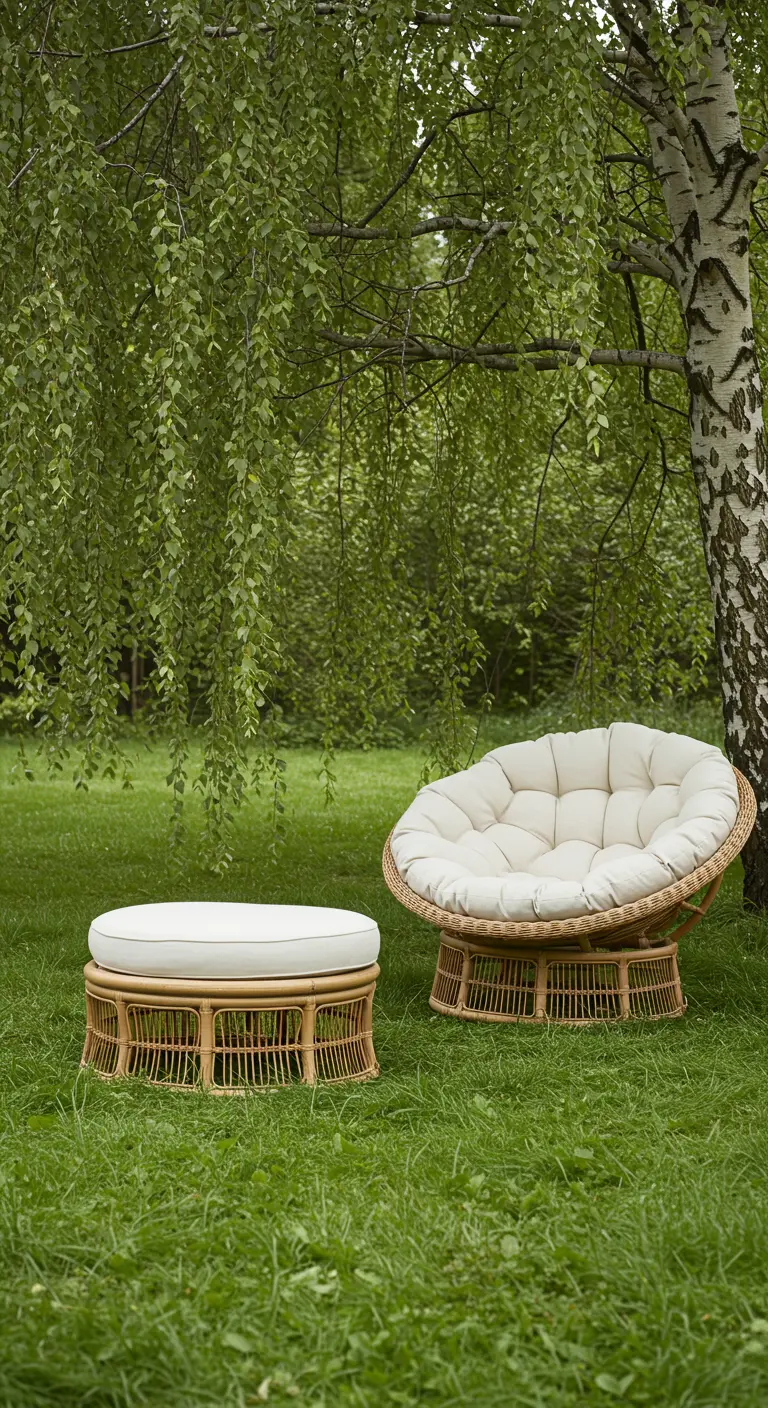 Een ronde, rieten Papasan-stoel met een groot wit kussen en een bijpassend voetenbankje op gras.