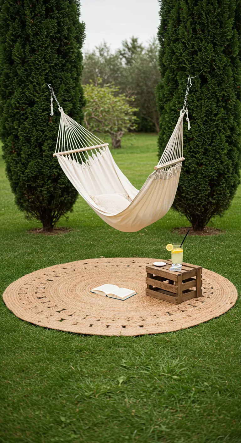 Hangmat tussen twee bomen met een jute kleed en een kistje als tafeltje.