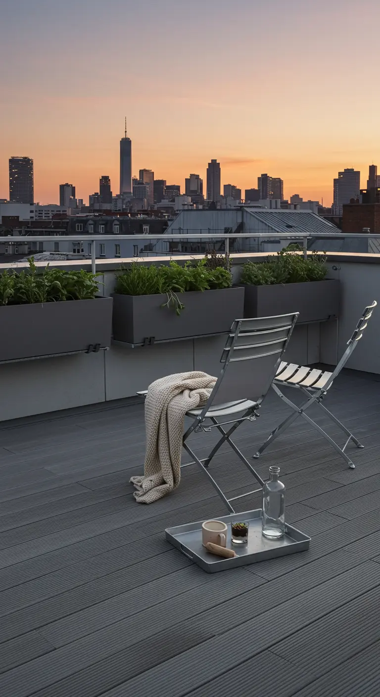 Dakterras met grijs vlonder en uitzicht op de skyline bij zonsondergang.