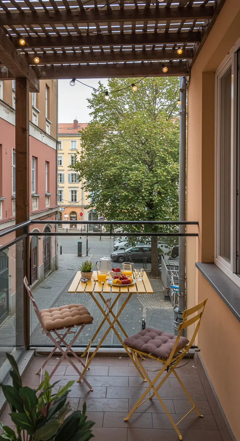 Klein stadsbalkon met een gele bistroset, kussens en een ontbijt voor twee.