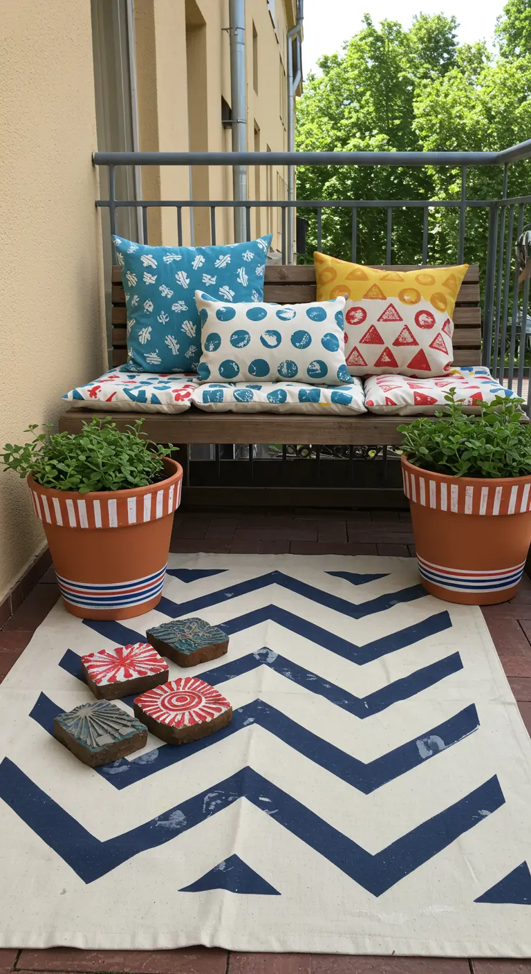 DIY balkonstyling met zelfgemaakte stempelprints op kussens en een vloerkleed.