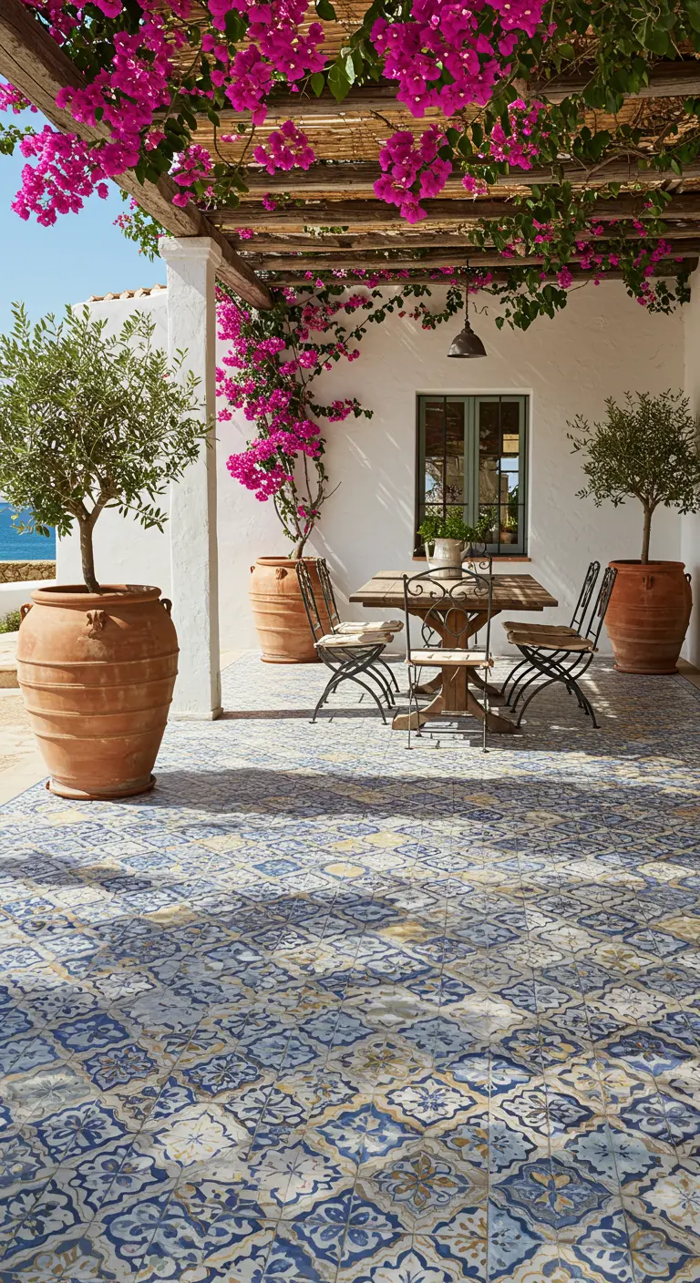 Zonnig terras met blauw-gele mozaïekvloer, houten pergola en roze bloemen.