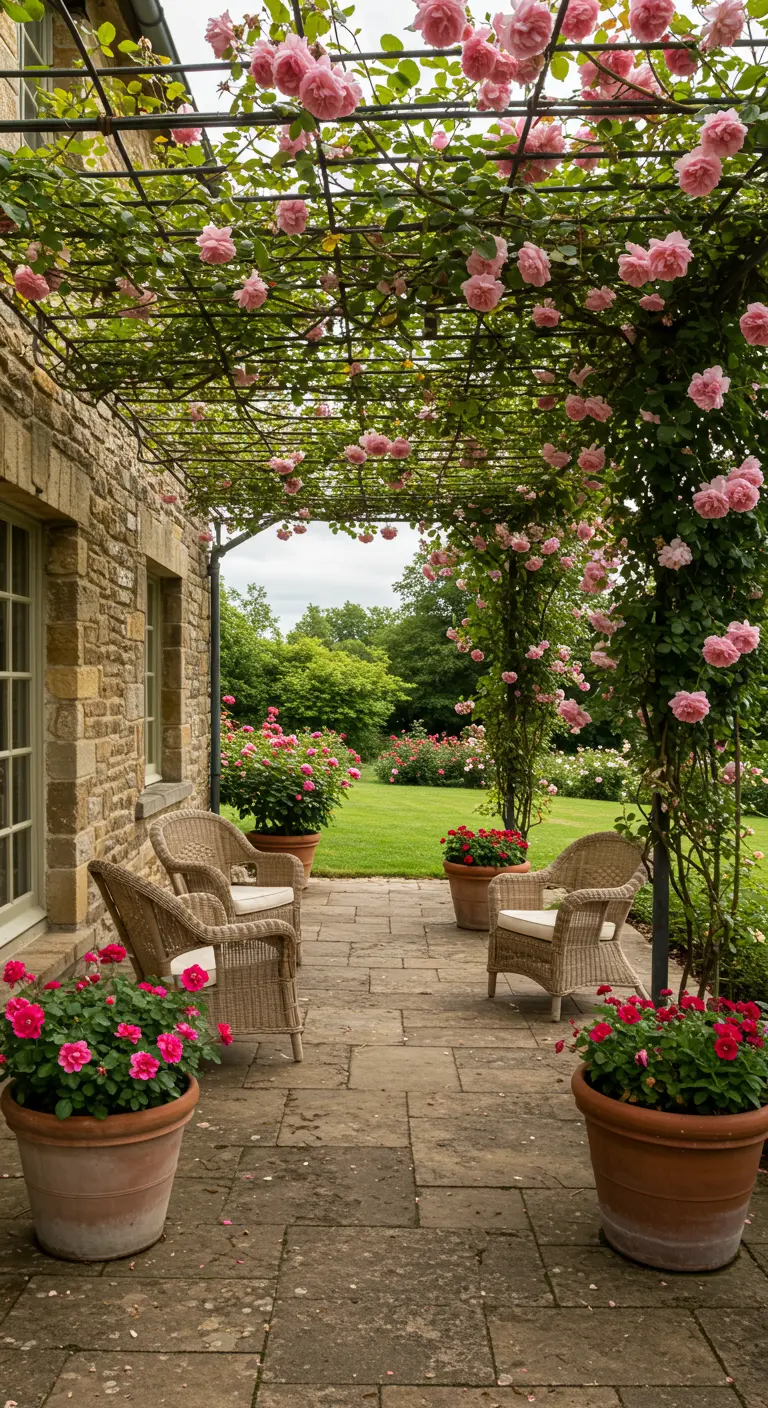 Stenen terras tegen een huis met een pergola overdekt met roze rozen en rieten stoelen.