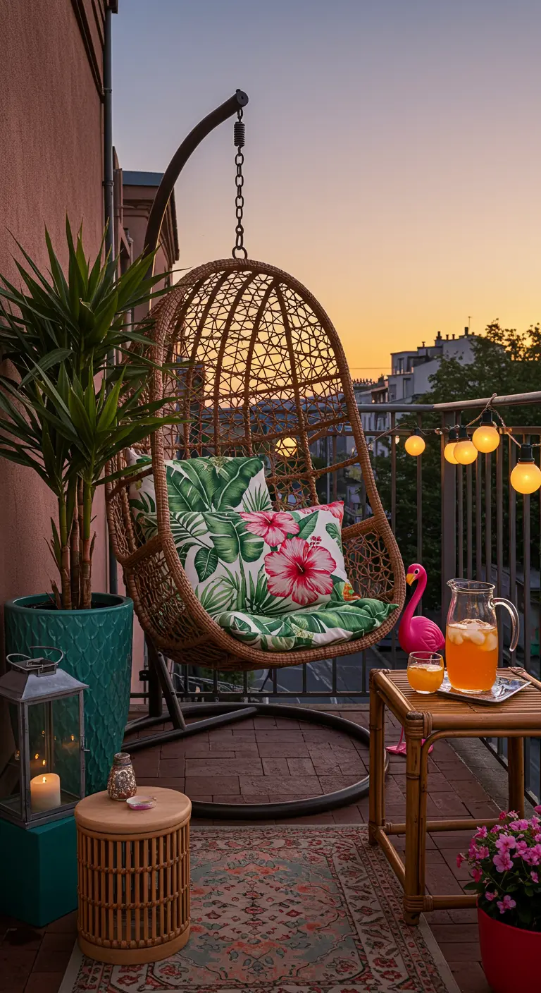 Rieten hangstoel op een balkon met tropische kussens en lichtsnoer bij zonsondergang.