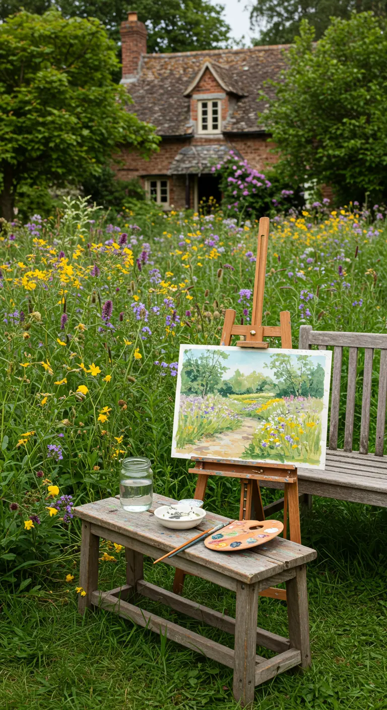 Een schildersezel met een landschapsschilderij staat in een veld vol wilde bloemen.