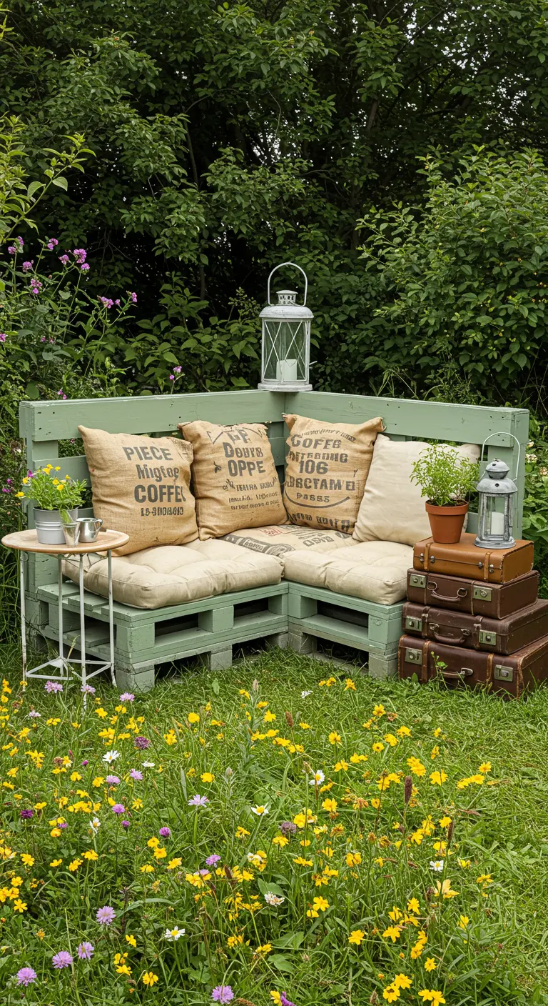 Hoekbank van groen geverfde pallets met kussens van jute zakken in een tuin.