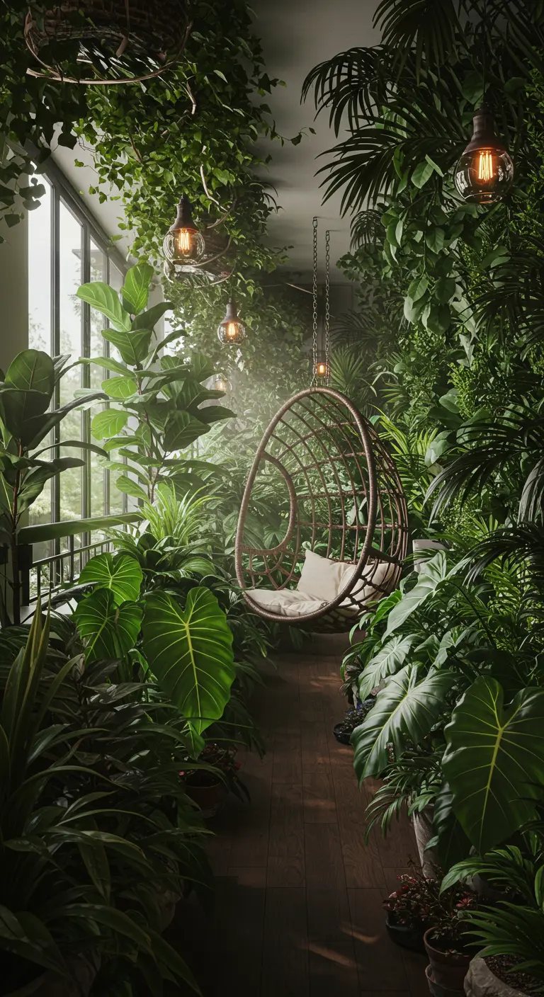 Donkere hangstoel in een weelderig groene ruimte vol grote tropische planten en sfeerlicht.