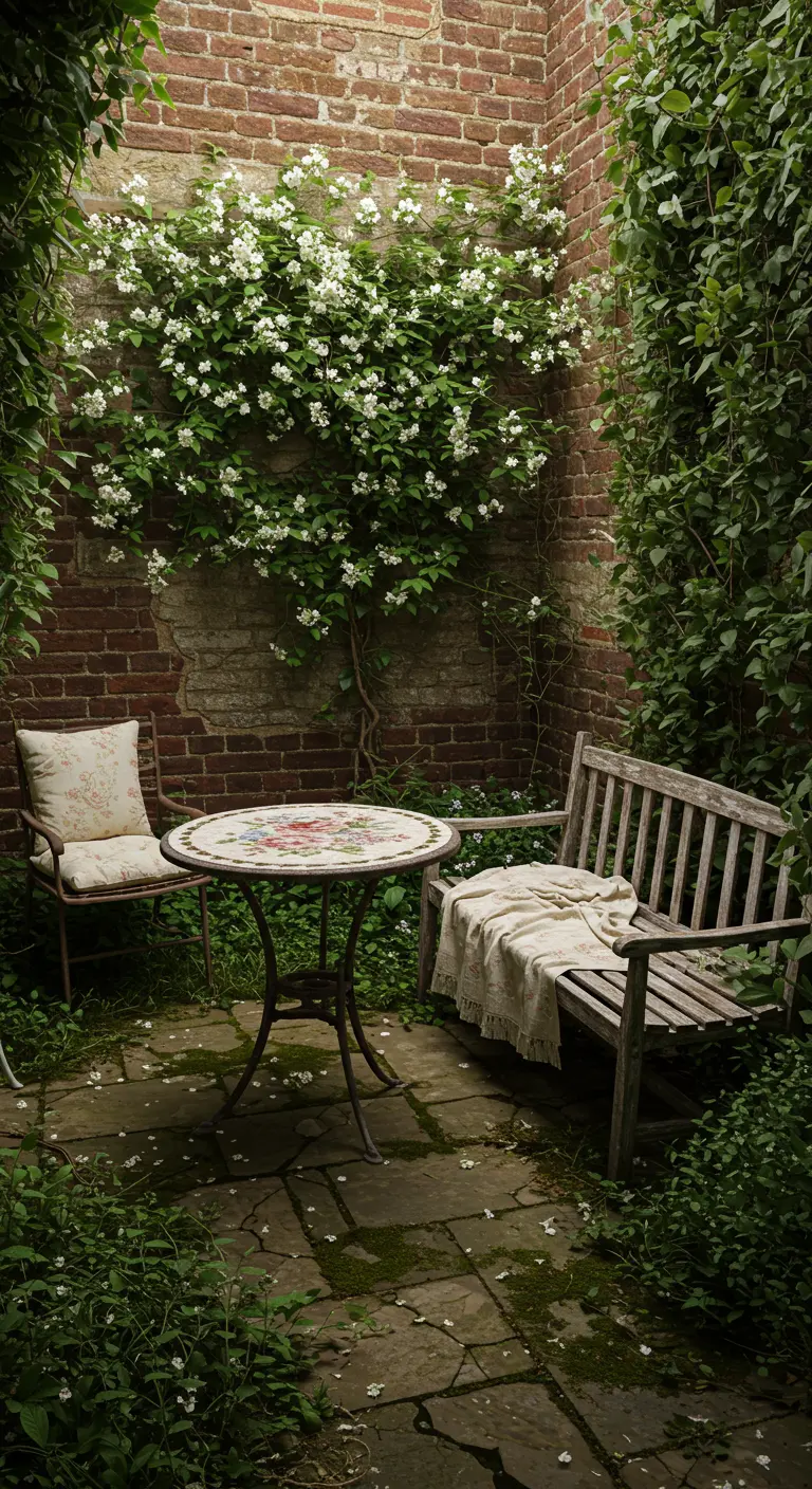 Overwoekerde, romantische stadstuin met bakstenen muren, klimplanten en een vintage zitje.