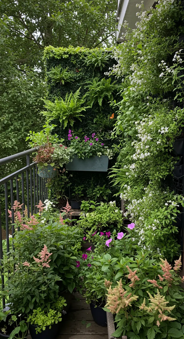 Weelderig balkon met een groene muur van varens en bloemen, wat een jungle-effect geeft.