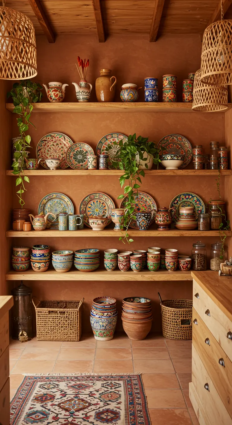 Terracotta keuken met open planken vol kleurrijk, gedecoreerd aardewerk en planten.
