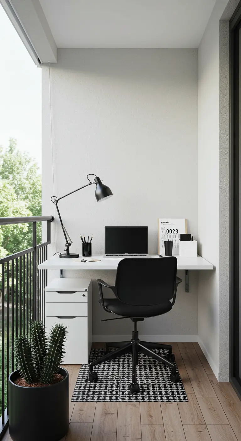 Compacte thuiswerkplek op een smal balkon, met een wit bureau en een zwarte stoel.