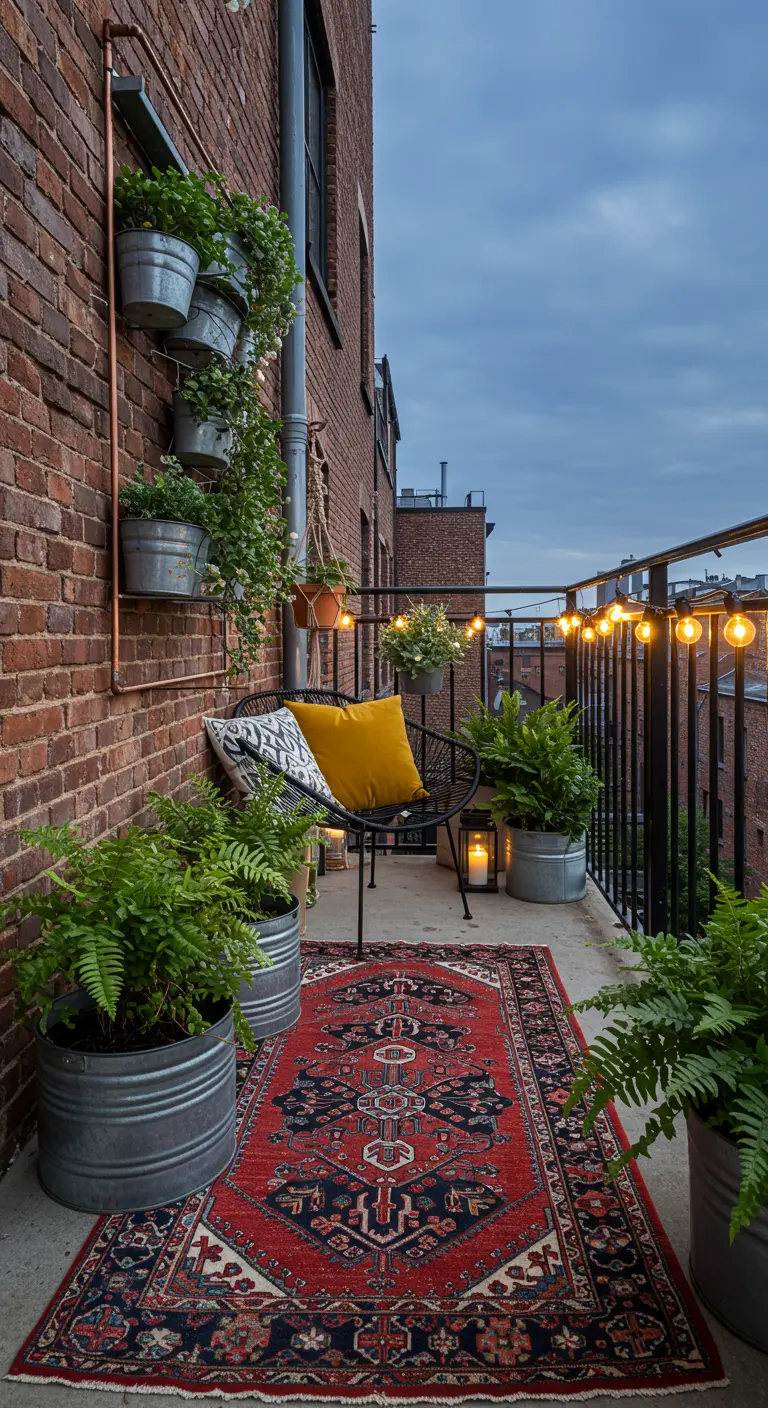 Industrieel balkon met bakstenen muur, Perzisch tapijt, zinken potten en een lichtslinger.