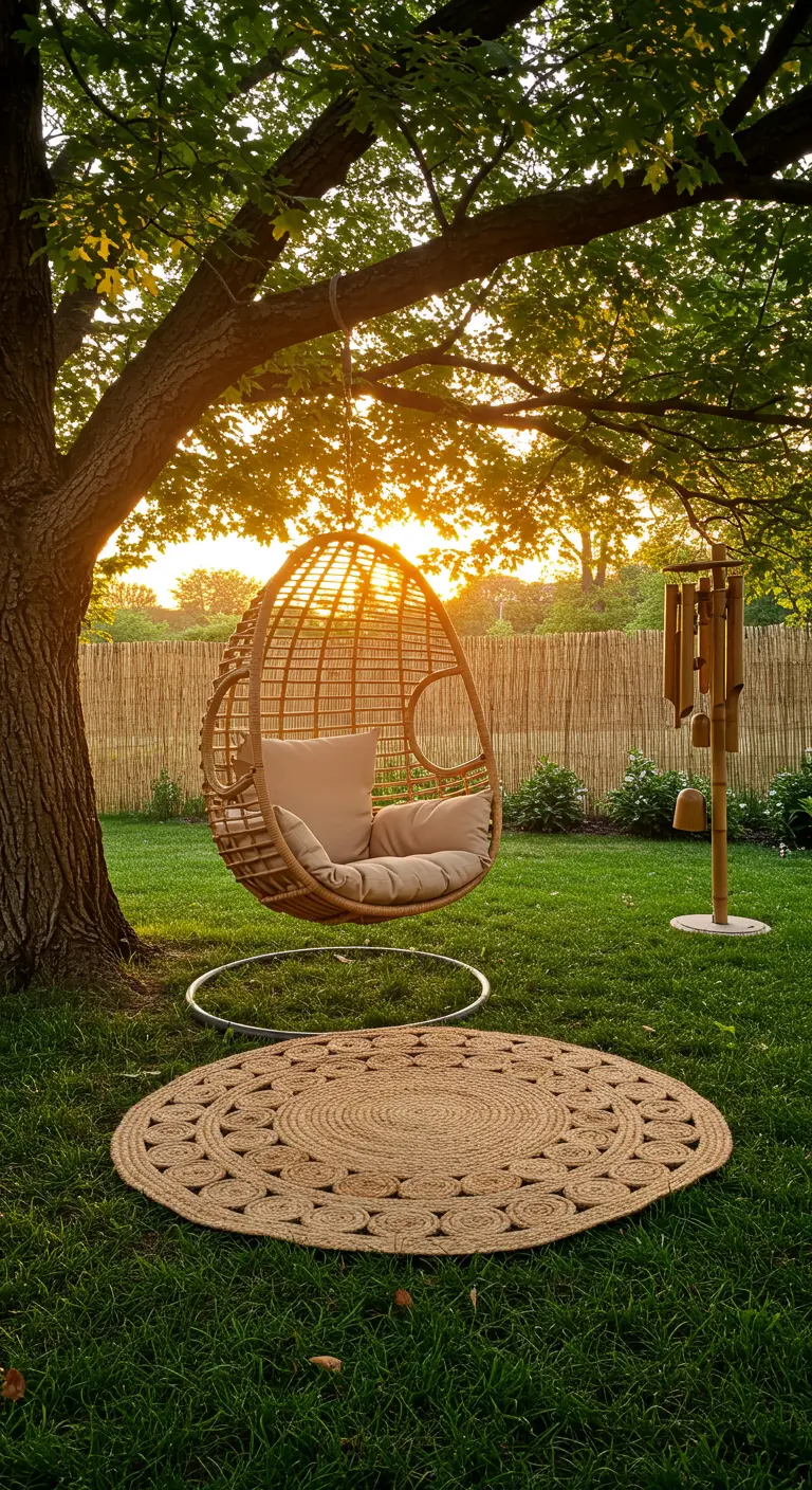 Rotan hangstoel met standaard in een tuin met een jute vloerkleed bij zonsondergang.