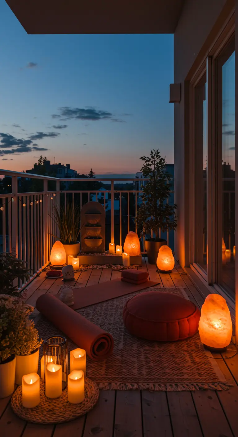 Balkon ingericht voor yoga, met zoutlampen, kaarsen en kussens op de houten vloer.