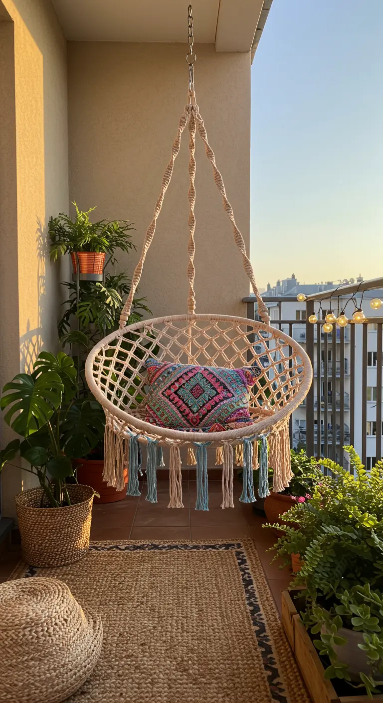 Macramé hangstoel met kleurrijk kussen op een zonnig balkon met planten.