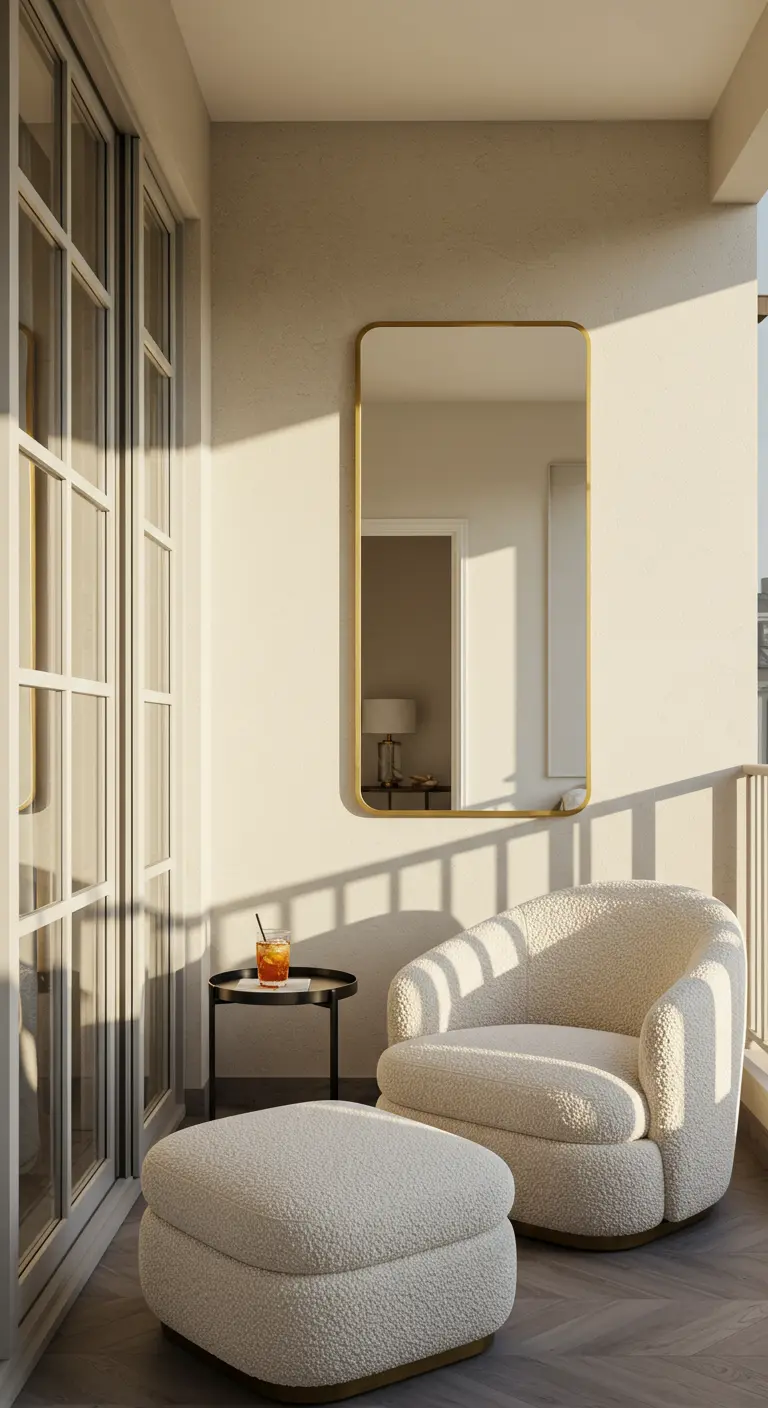 Moderne, afgeronde spiegel met gouden rand hangt boven een witte fauteuil op een balkon.