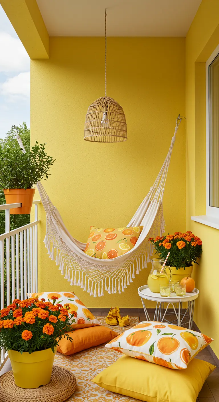 Balkon met een felgele muur, een hangmat en kussens met een print van sinaasappels.