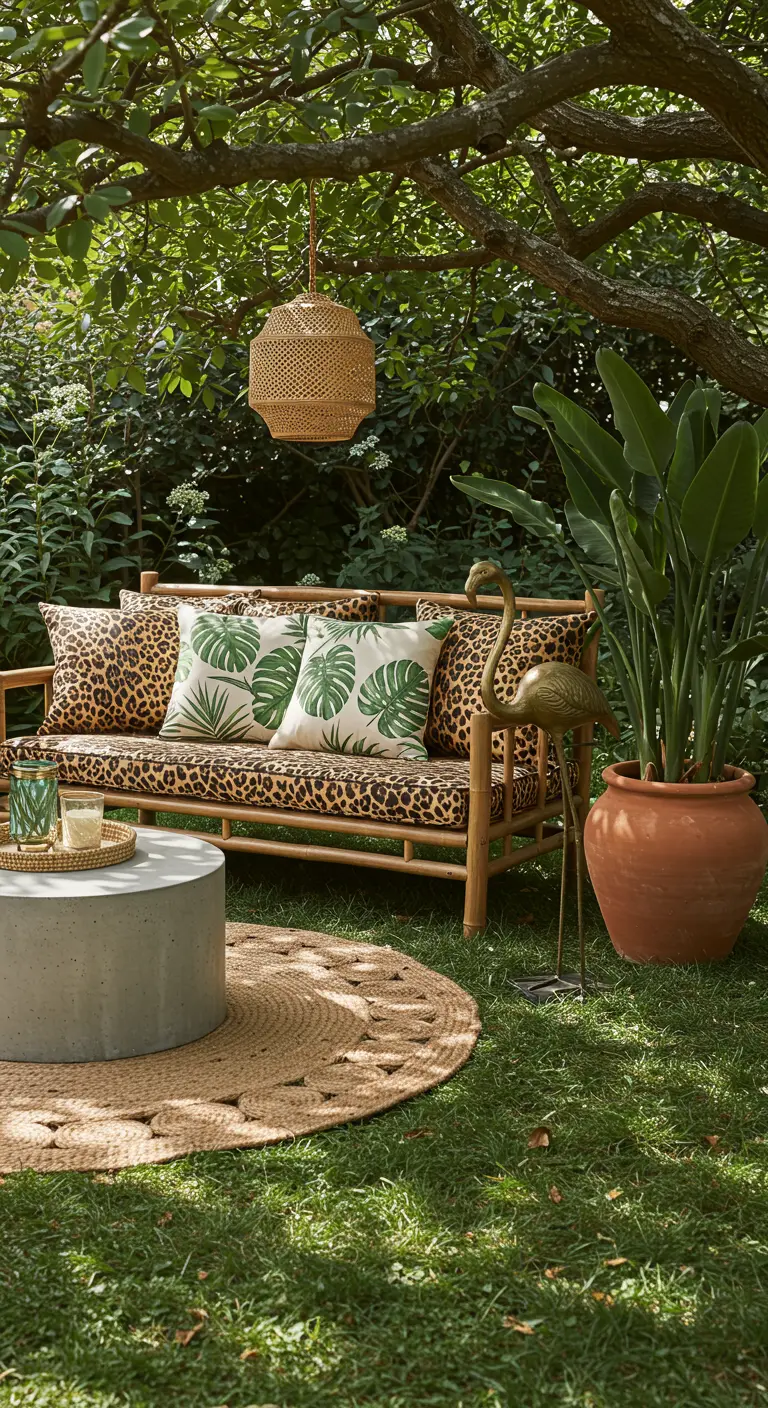 Bamboe tuinbank met panterprint kussens, betonnen tafel en gouden flamingo.