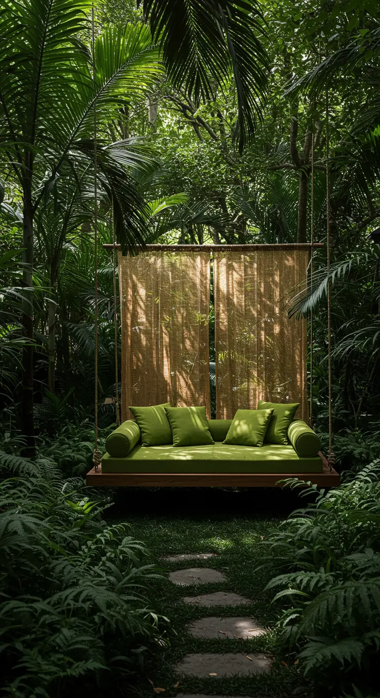Zwevende houten bank met groene kussens in een weelderige jungle-achtige tuin, met geweven scherm.