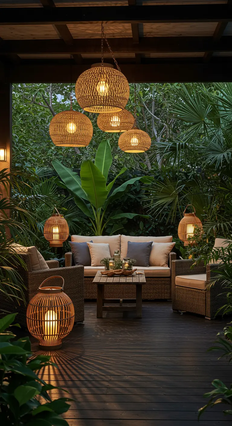 Overdekt terras met rotan meubels omgeven door tropische planten, verlicht door hangende rotan lampionnen.