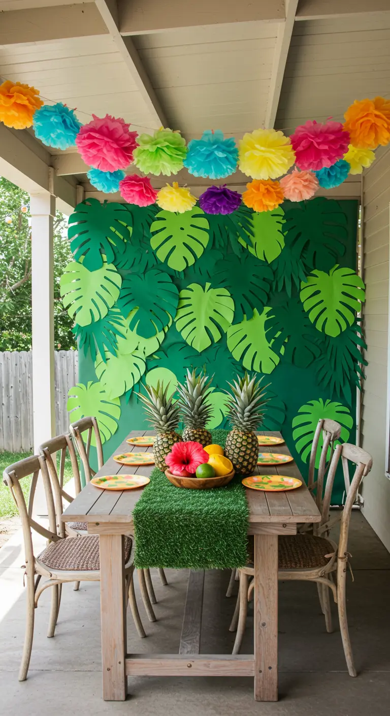 Tafel met ananassen voor een groene wand van papieren bladeren.