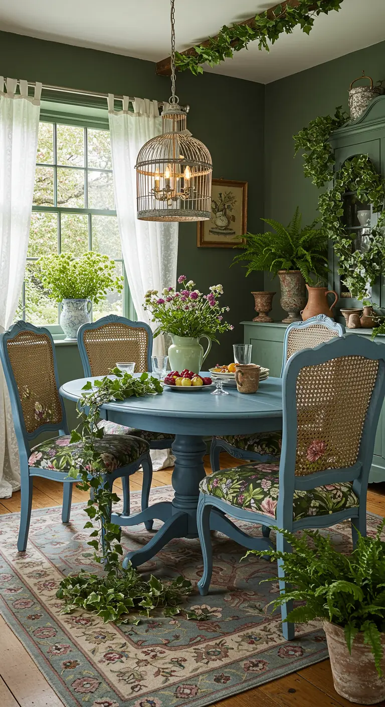 Eetkamer met groene muren, blauwe tafel en stoelen met botanische bloemenprints, veel planten.