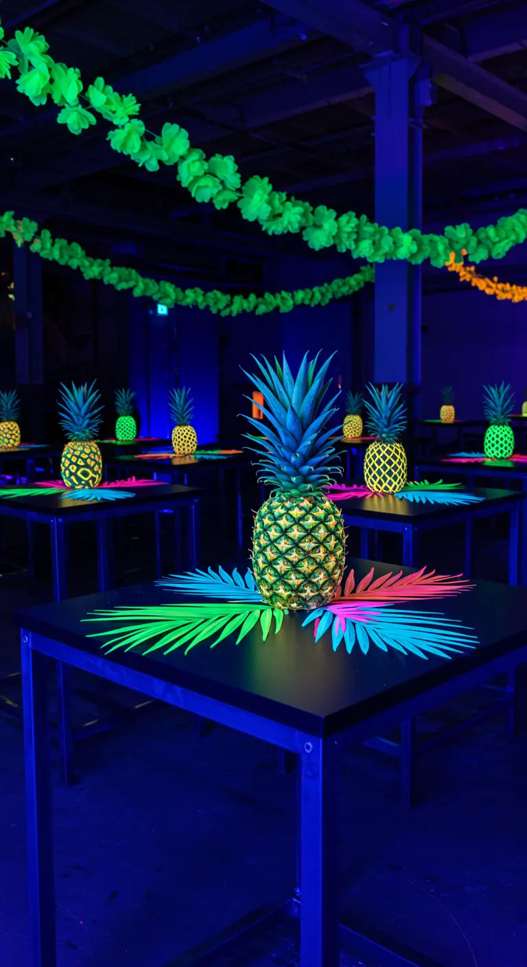 Donkere ruimte met statafels, waar ananassen en bladeren oplichten onder blacklight.