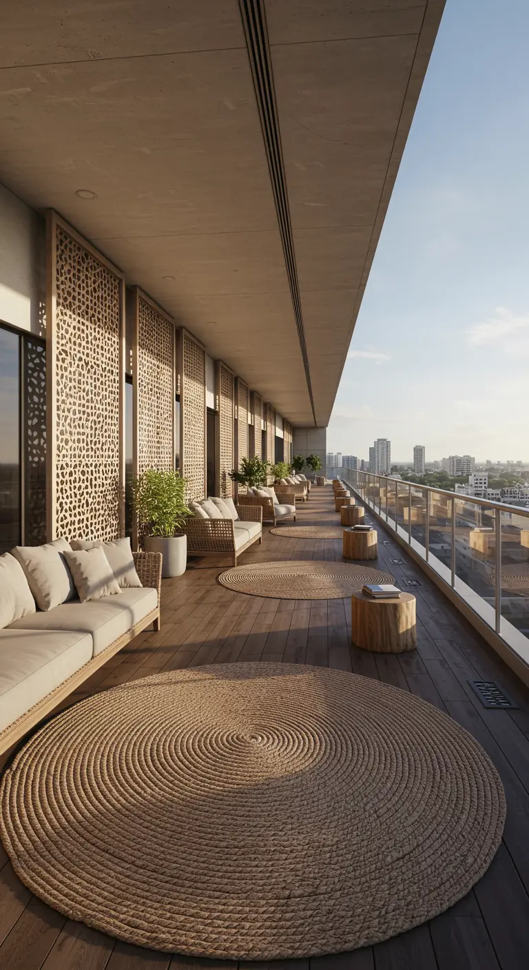 Lang balkon met meerdere overlappende ronde jutekleden op de houten vloer.