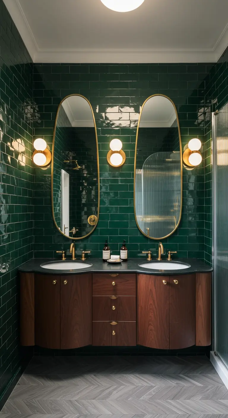 Donkergroen betegelde badkamer met twee hoge ovale spiegels, een houten meubel en gouden kranen.