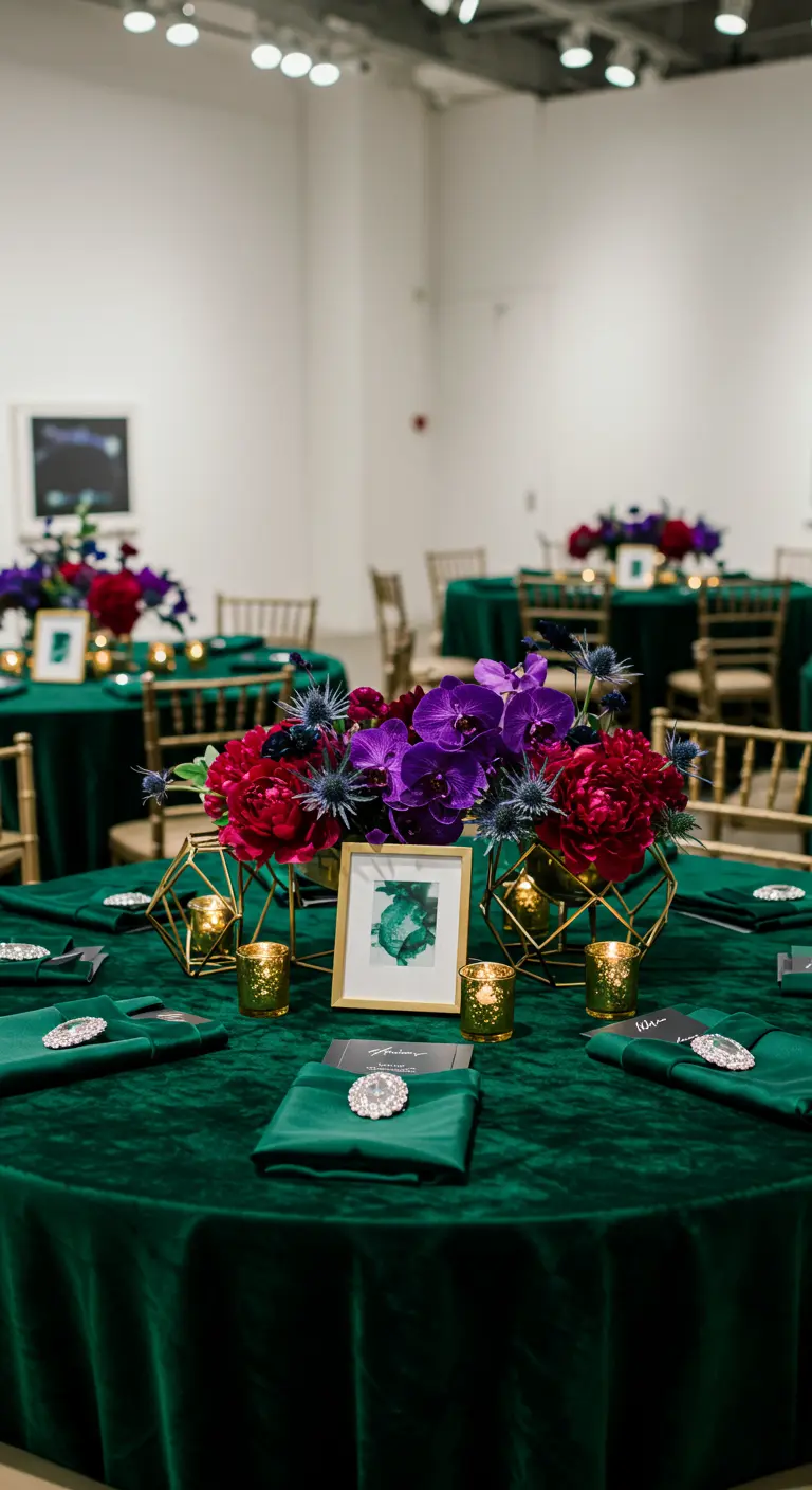 Jewel tone wedding table with dark green velvet, gold chairs, deep red and purple flowers.