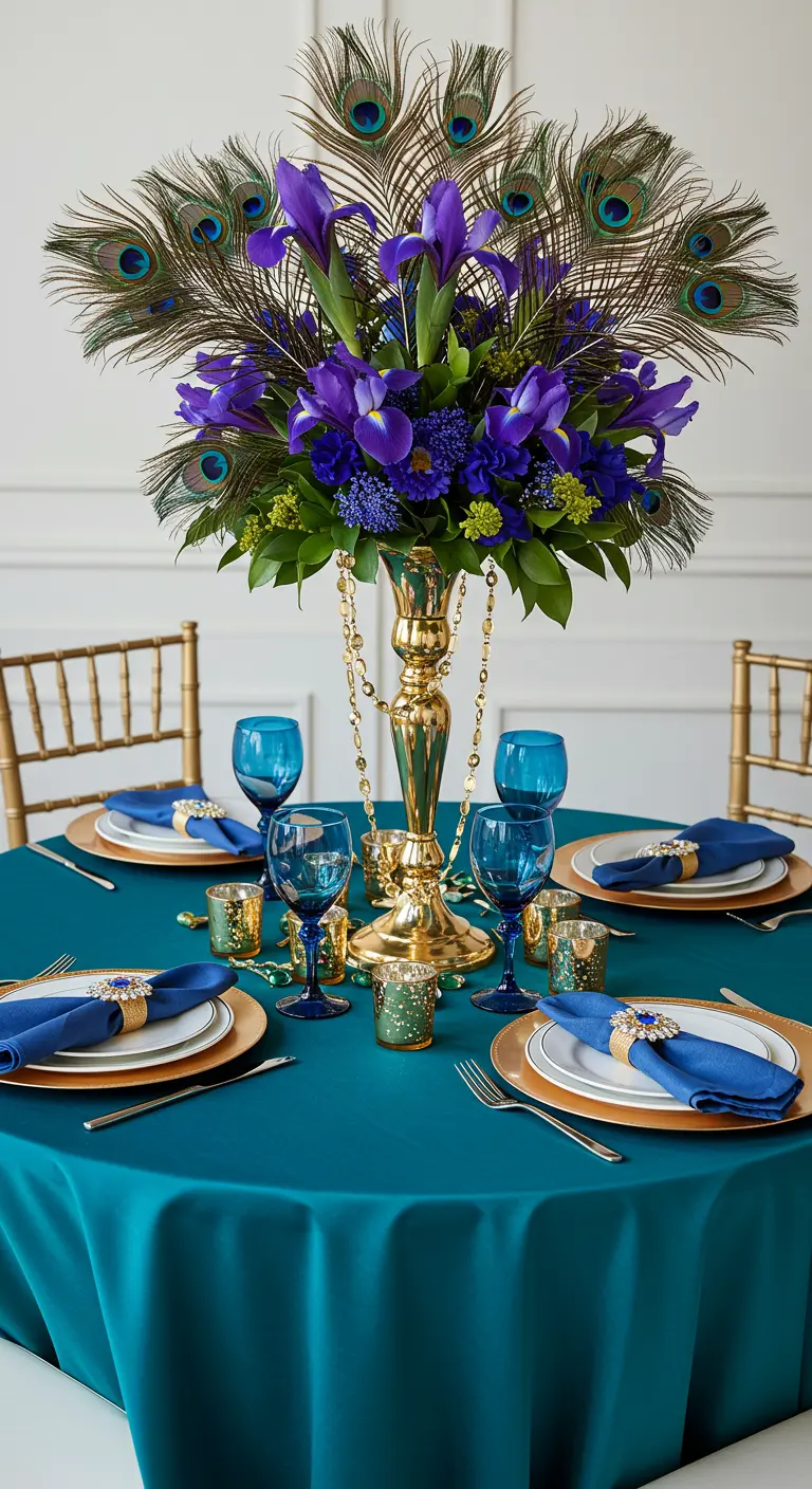 Tafel in juweeltinten met een centerpiece van pauwenveren en paarse bloemen.
