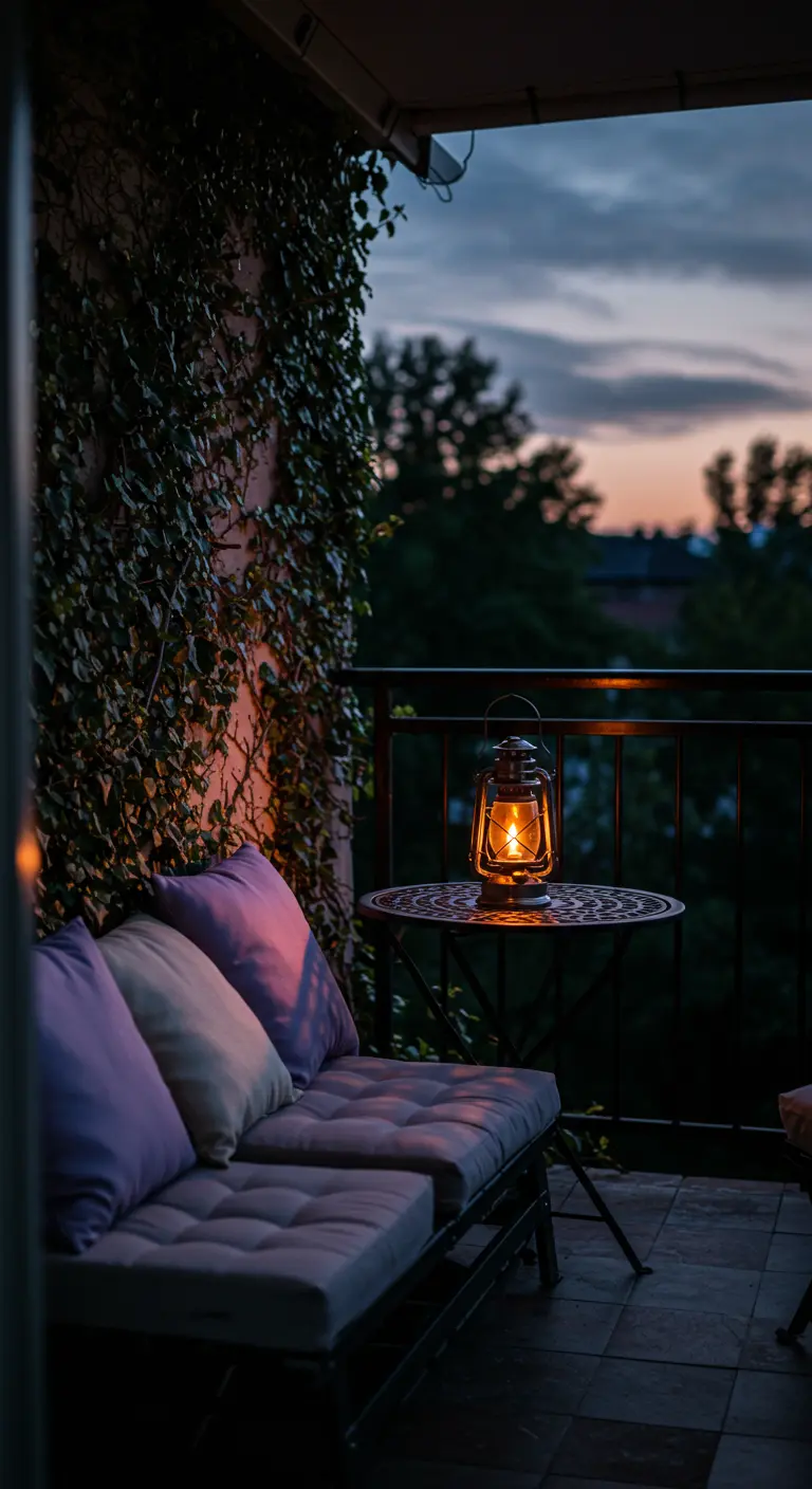 Knus avondbalkon met een bankje vol kussens en een brandende stormlantaarn op tafel.