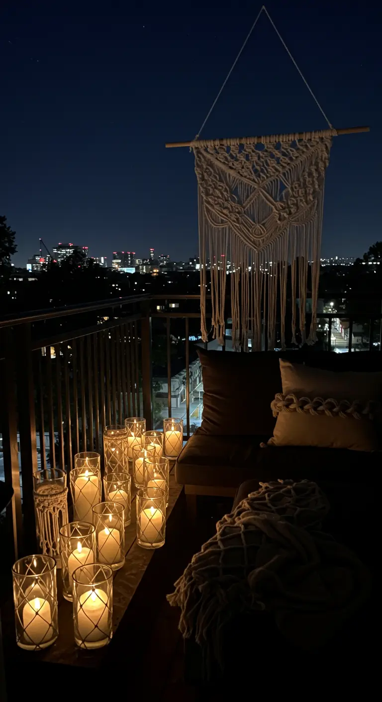 Balkon 's nachts verlicht door een groep kaarsen in met macramé versierde glazen.