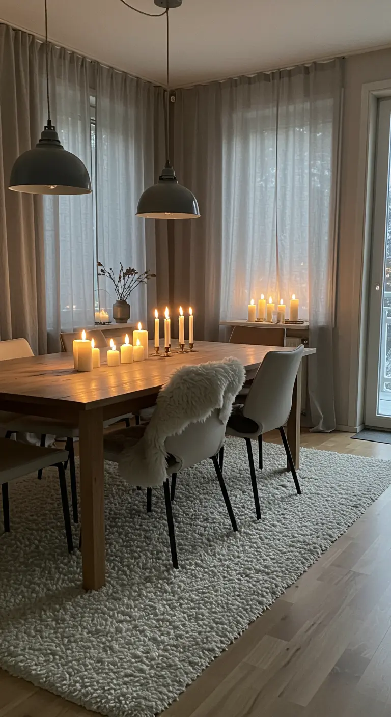Gezellige eethoek met veel kaarslicht, een hoogpolig wit tapijt en schapenvachtjes over de stoelen.