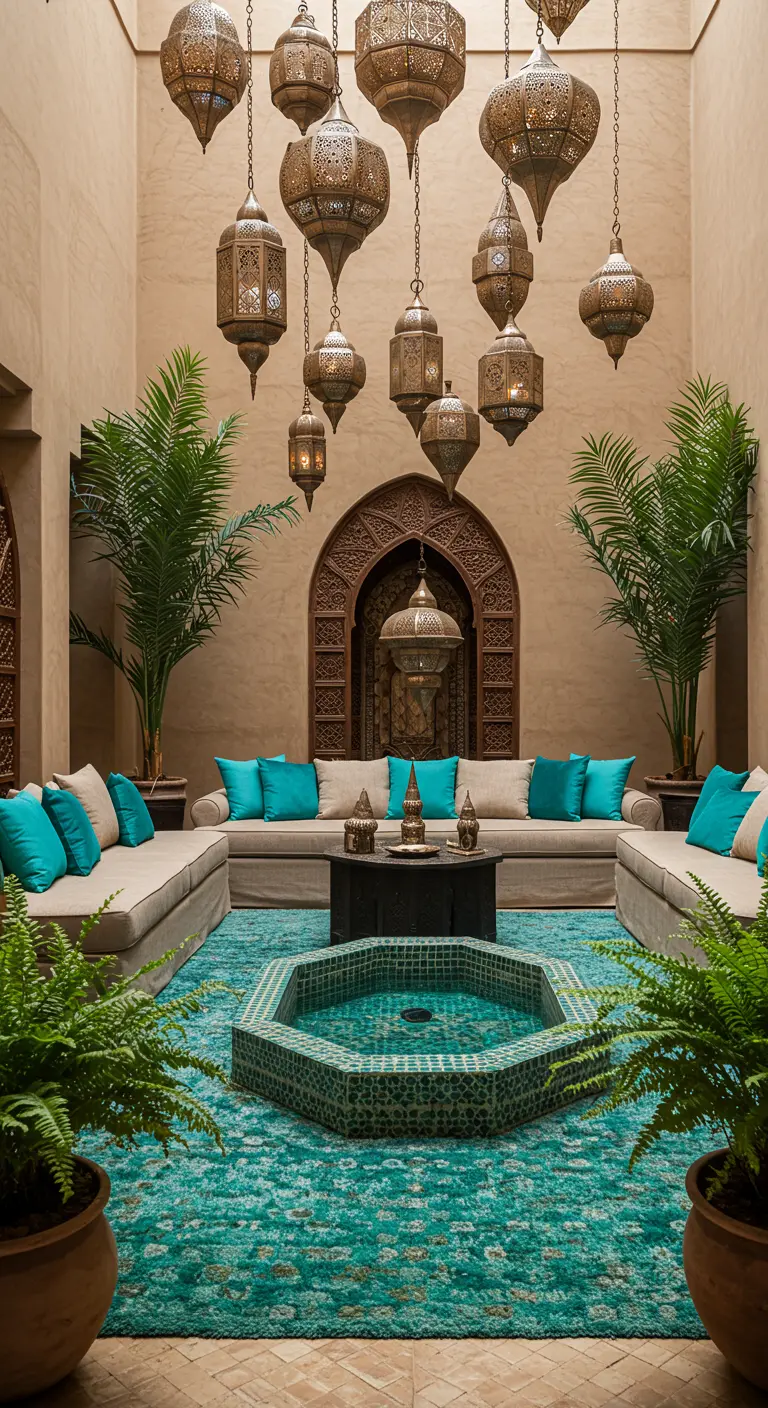 Woonkamer in riad-stijl met turquoise betegeld waterornament en veel lantaarns en planten.