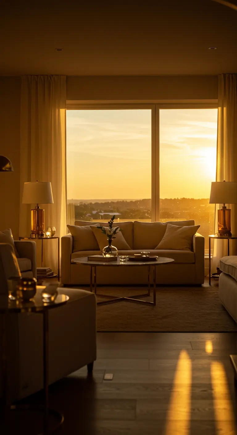 Woonkamer met uitzicht op een gouden zonsondergang, met neutrale meubels.