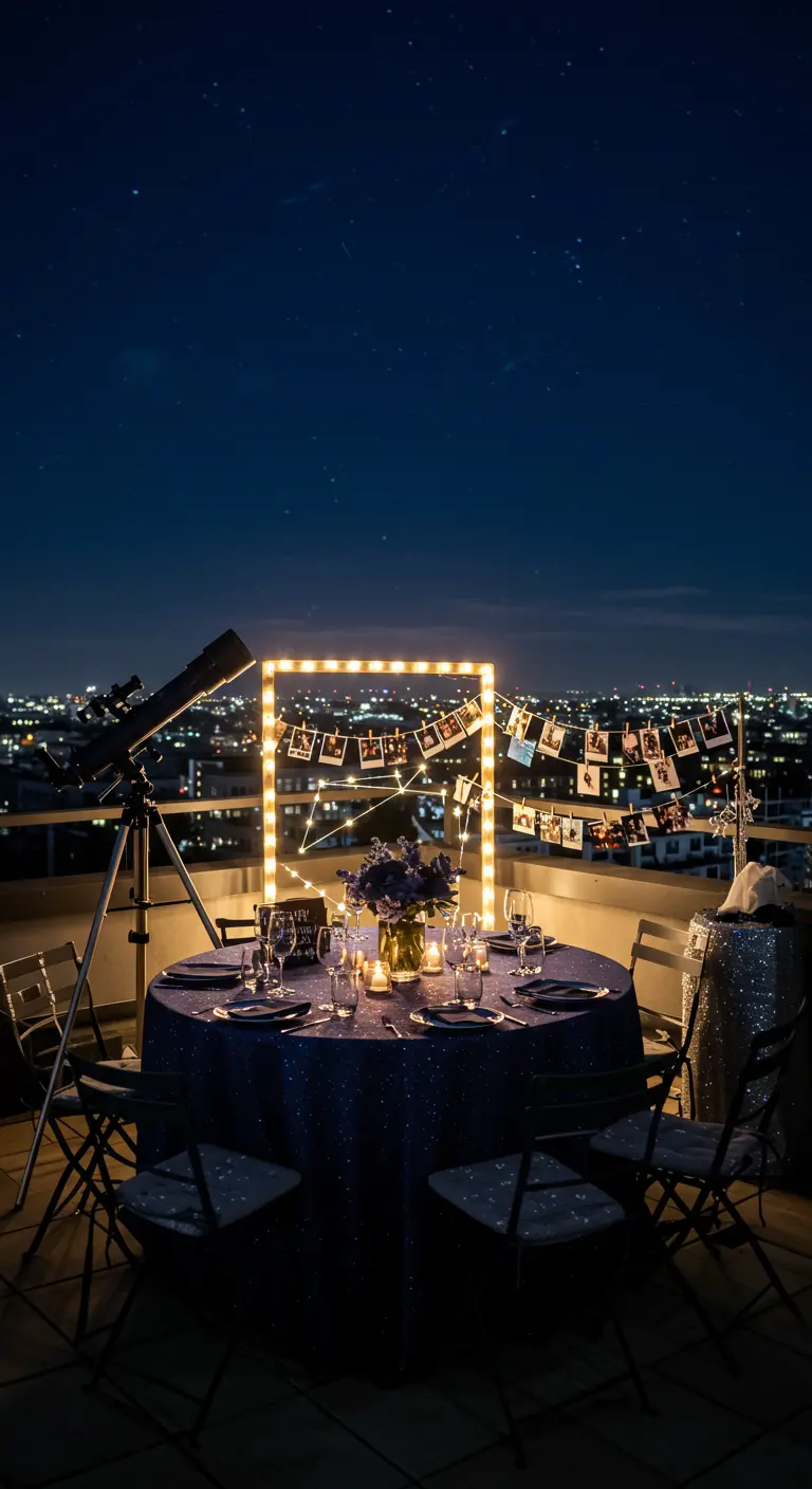 Dakterras 's nachts met een tafel en een verlicht frame waaraan foto's hangen, stadslichten op achtergrond.