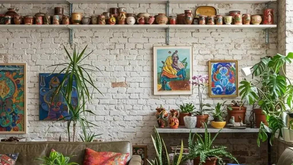 Sfeervolle mediterrane woonkamer met kalkmuren, diverse aardewerk vazen en potten, en veel planten op planken.