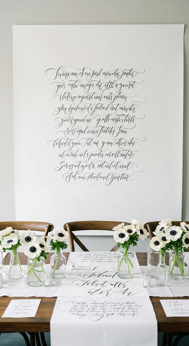 Tafelsetting met op de achtergrond een groot doek met handgeschreven kalligrafie.