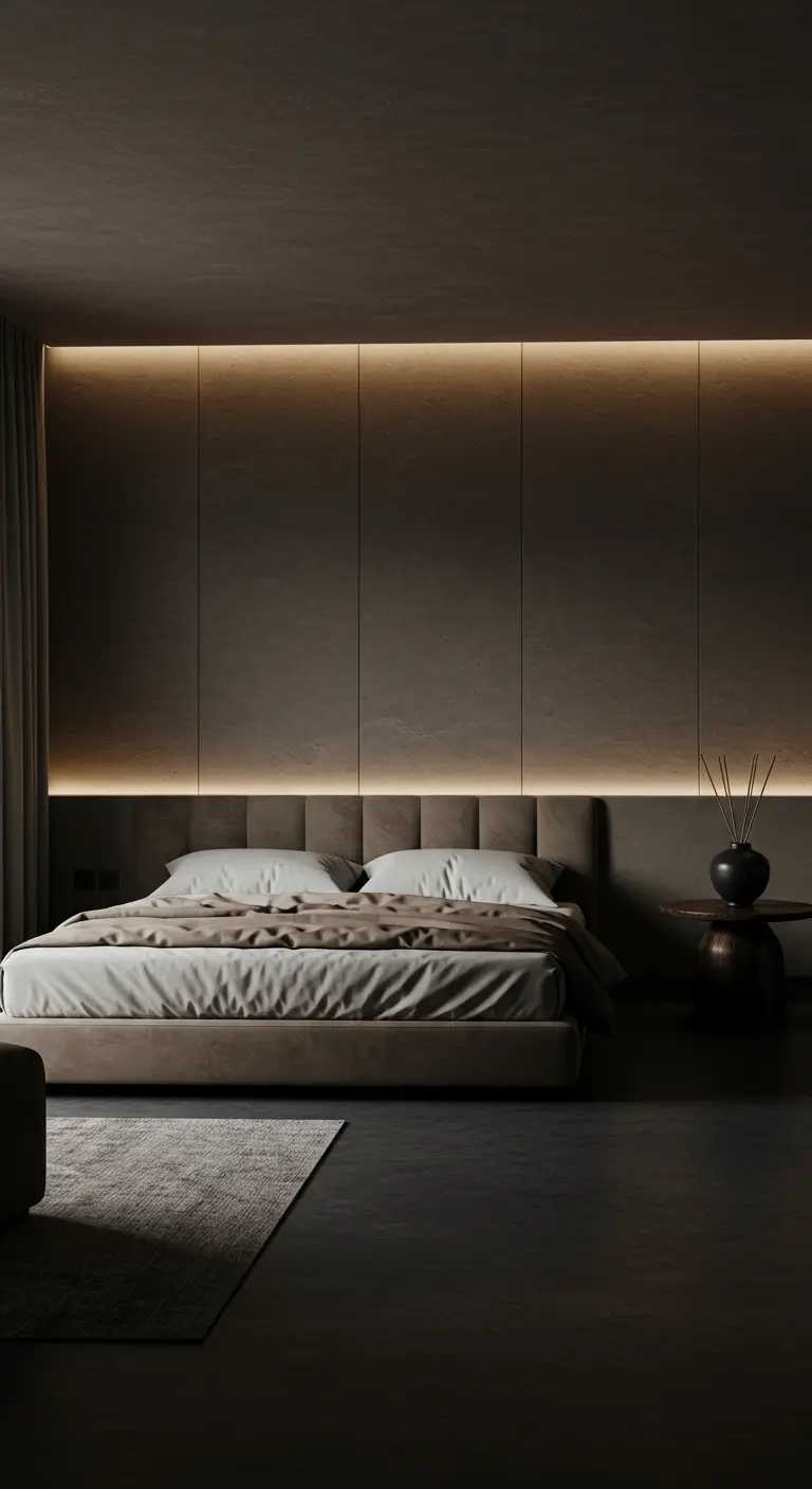 Moderne minimalistische slaapkamer in aardetinten met verborgen LED-verlichting achter het bed.