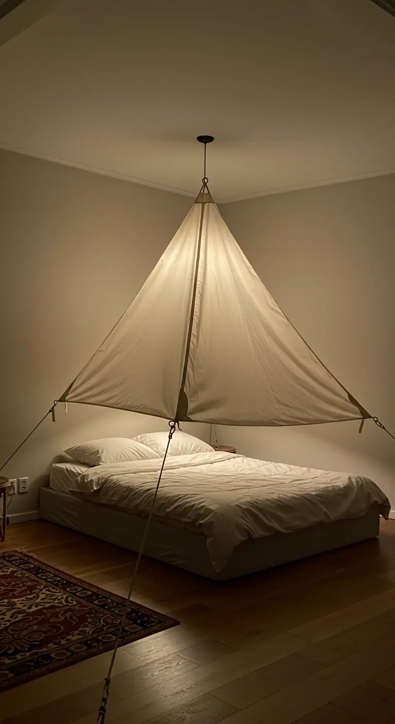 Minimalistisch bed met een tentachtige constructie van doek, opgehangen aan het plafond.