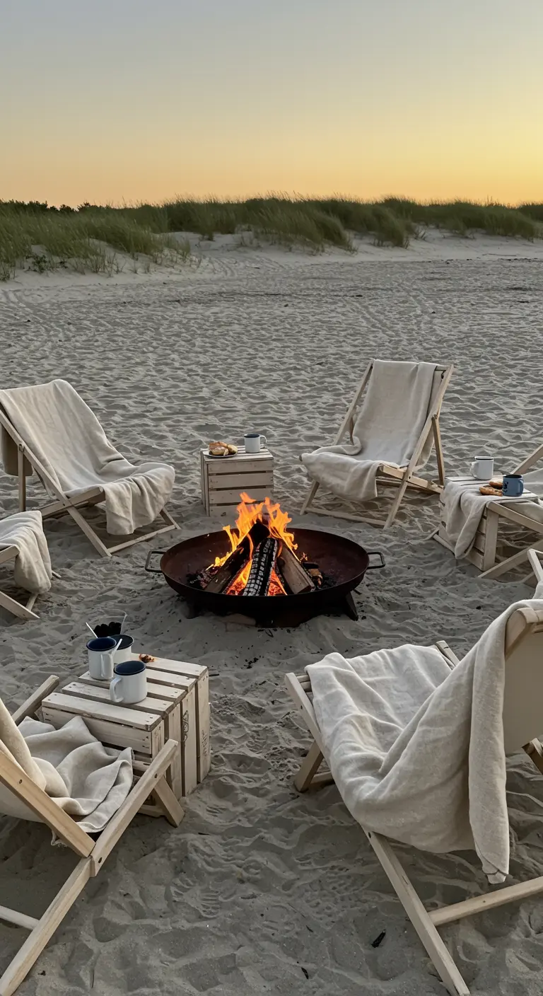 Gezelschap rond een kampvuur op het strand met houten stoelen en linnen doeken.