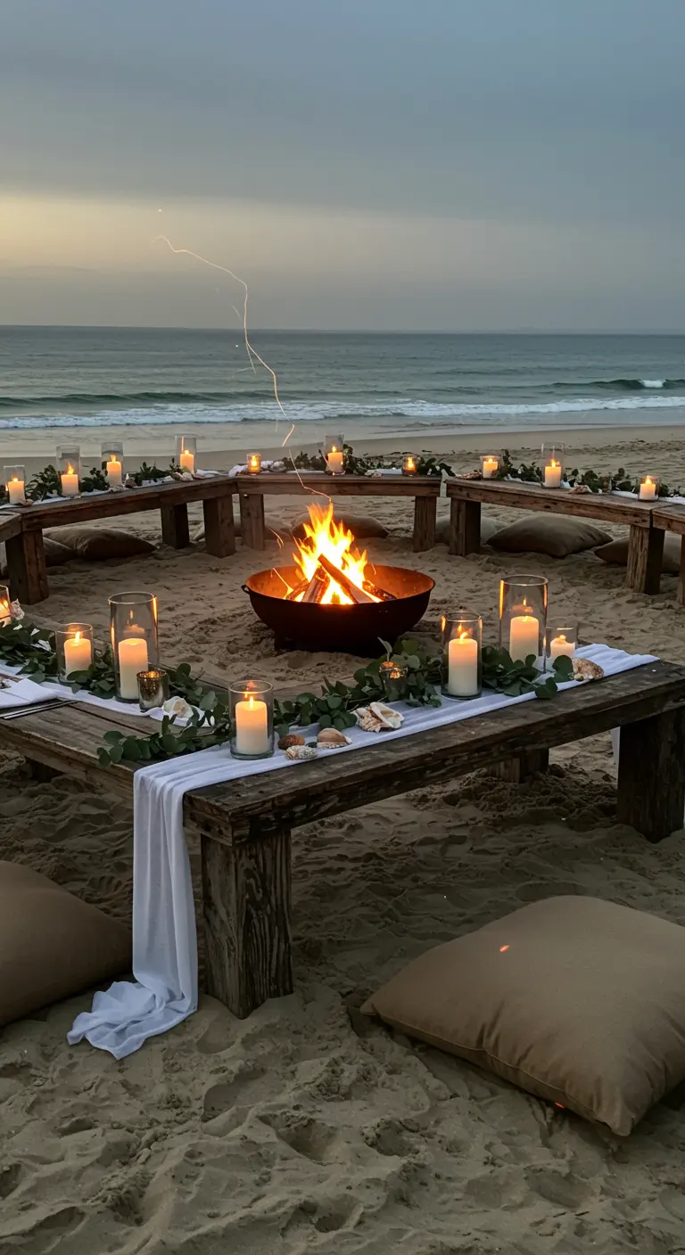 Lounge-opstelling van houten banken rond een vuurkorf op het strand, met eucalyptus en kaarsen.