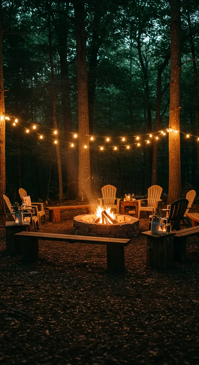 Gezellige kring van stoelen rond een kampvuur in het bos 's avonds.