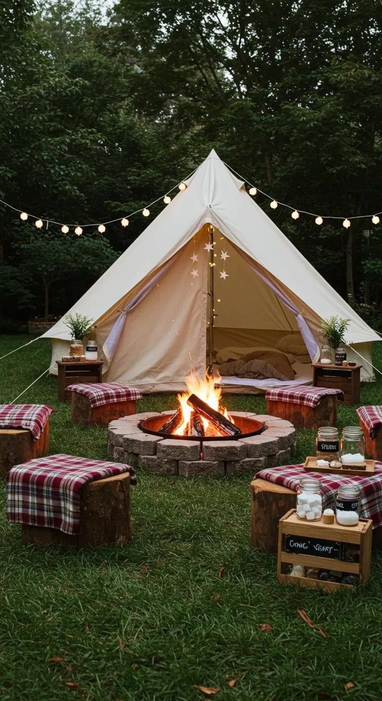 Kampvuur met een tent, lichtslingers en krukjes met plaids.