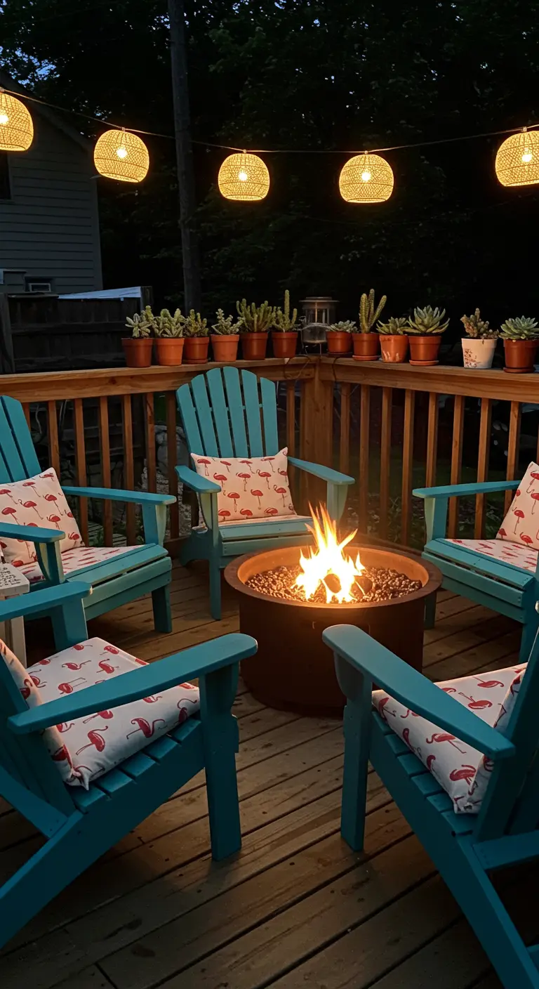Zithoek met turquoise stoelen en flamingokussens rond een vuurkorf.
