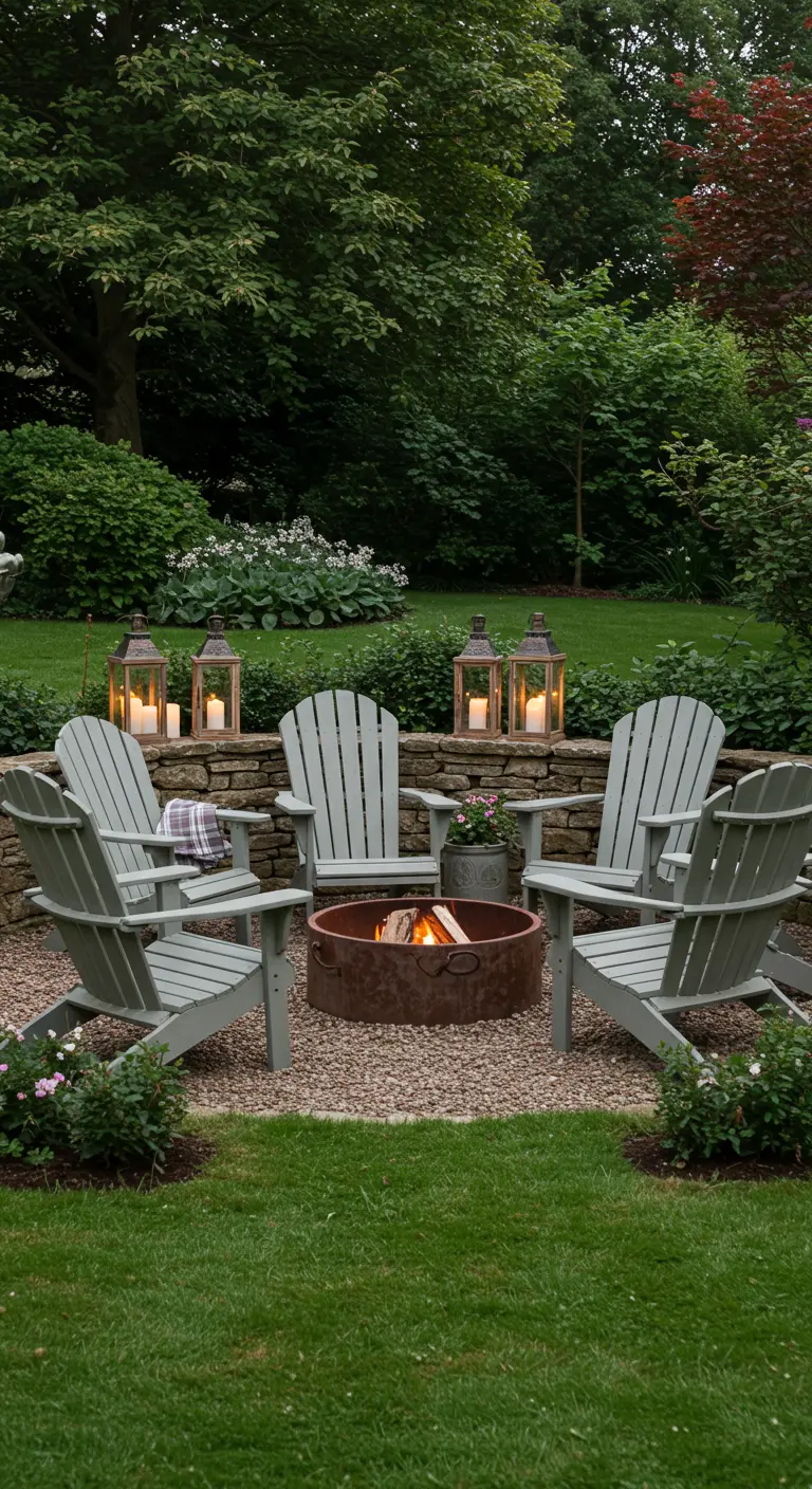 Zithoek rond een vuurkorf met saliegroene stoelen en lantaarns op een muurtje.