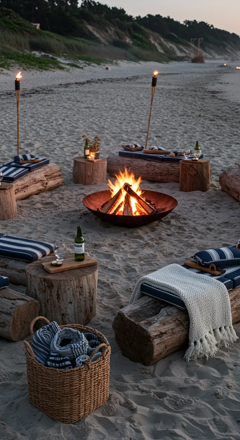 Kampvuur op het strand met boomstammen, kussens en dekens.