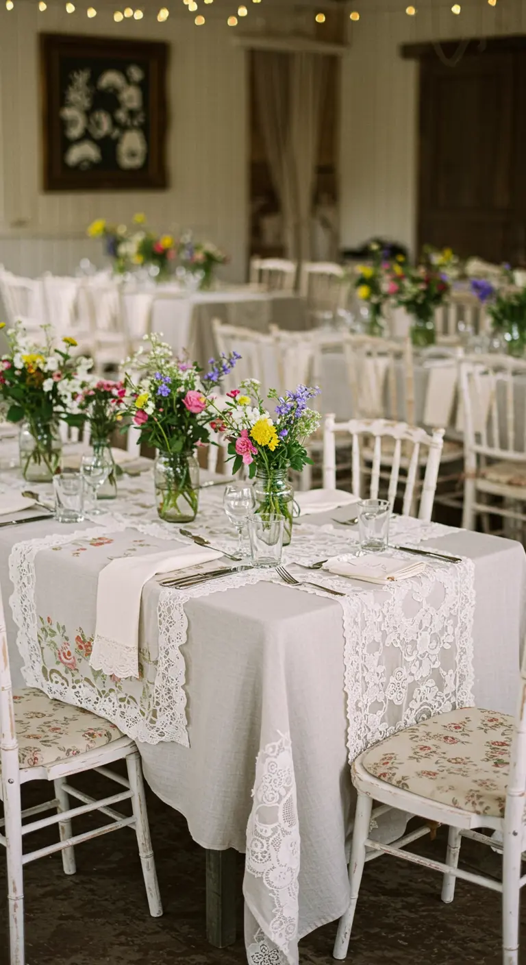 Gedekte tafel met een vintage kanten loper, veldbloemen en stoelen met bloemenkussens.