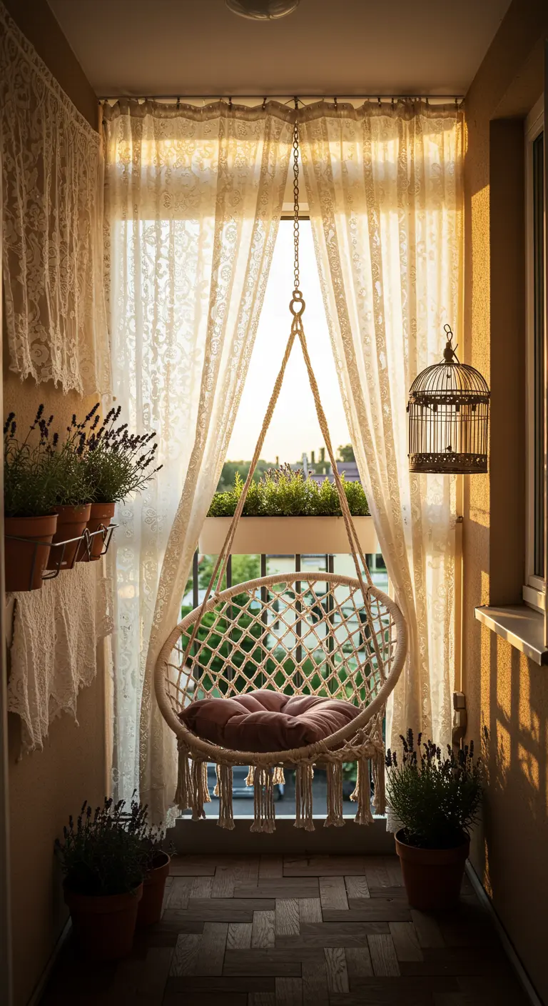Smal balkon met een macramé hangstoel, kanten gordijnen en potten met lavendel.